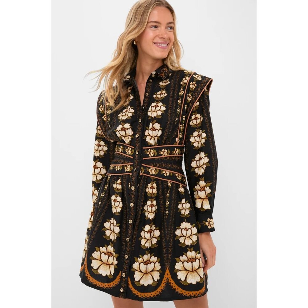 Farm Rio Topstitching Long Sleeve Mini Dress in Black Embroidered Flower - Picture 14 of 14
